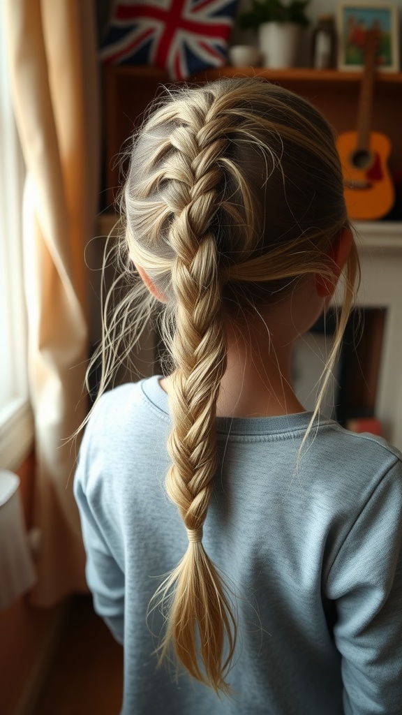 A child with a beautifully styled waterfall braid, showing the intricate details from the back.