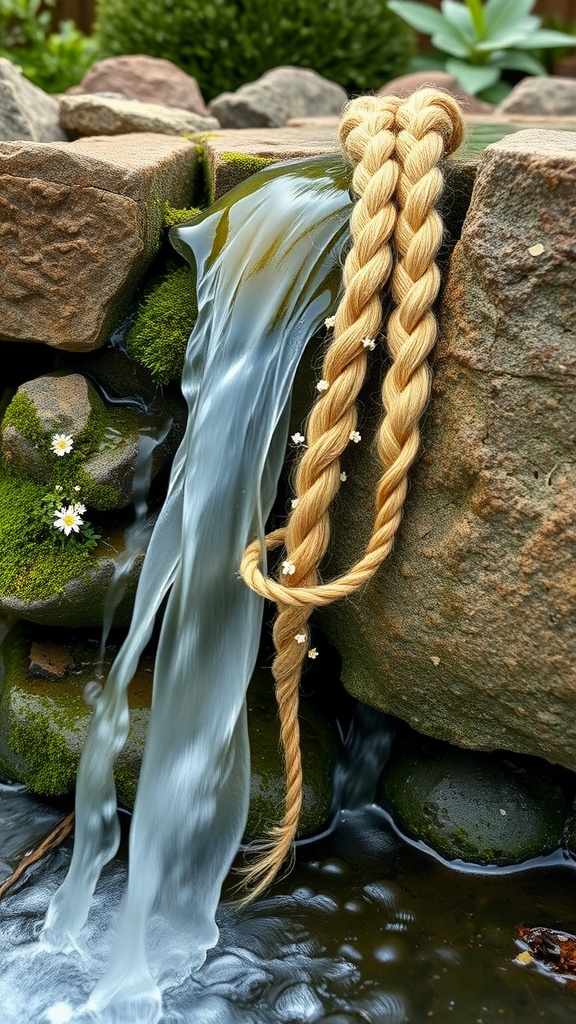 A waterfall braid resting on a rock next to flowing water with floral accents.
