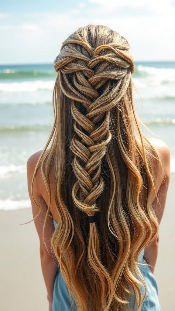 A woman with a waterfall braid and loose waves, standing by the beach.