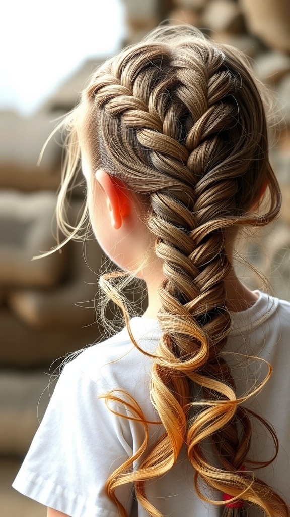 A young girl with a waterfall braid and loose waves hairstyle, showcasing a lovely blend of braid and curls.