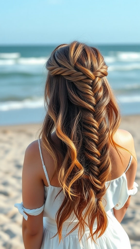 A woman with a waterfall braid and loose waves standing on the beach