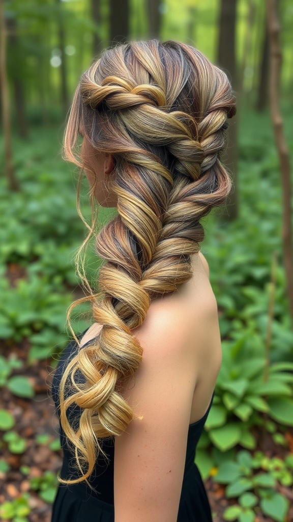 A woman with a waterfall curly braid hairstyle, showcasing cascading curls and intertwined braids in a lush forest setting.