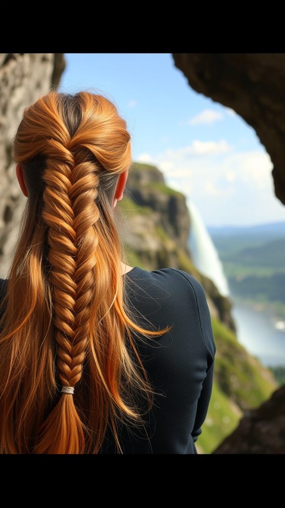 A woman with a ginger waterfall braid hairstyle, standing in front of a waterfall.