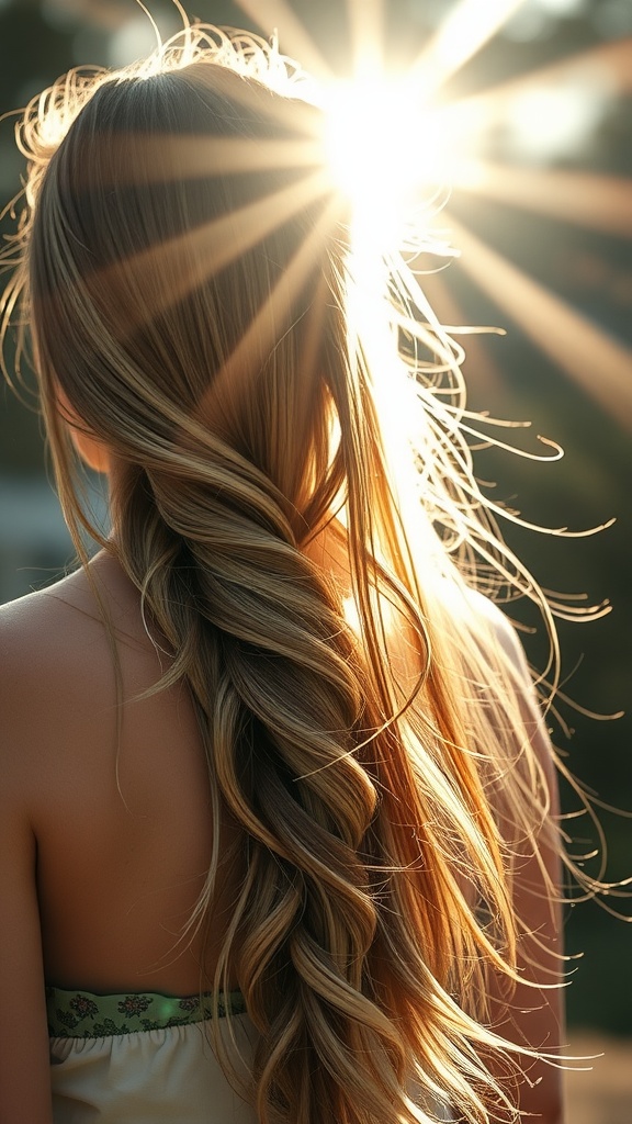 A woman with long hair styled in a waterfall half braid, backlit by sunlight.