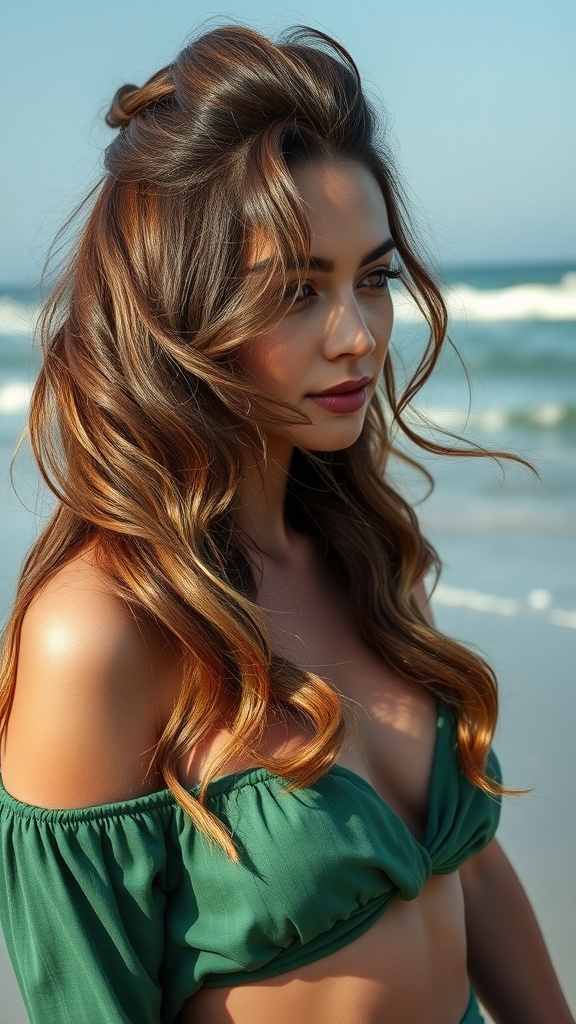 Model with wavy half up half down quick weave hairstyle at the beach
