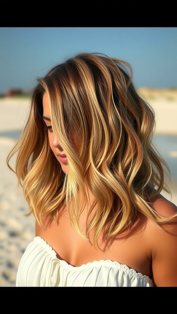 A woman with a wavy long bob hairstyle, featuring soft waves and a blend of blonde shades, standing against a beach background.