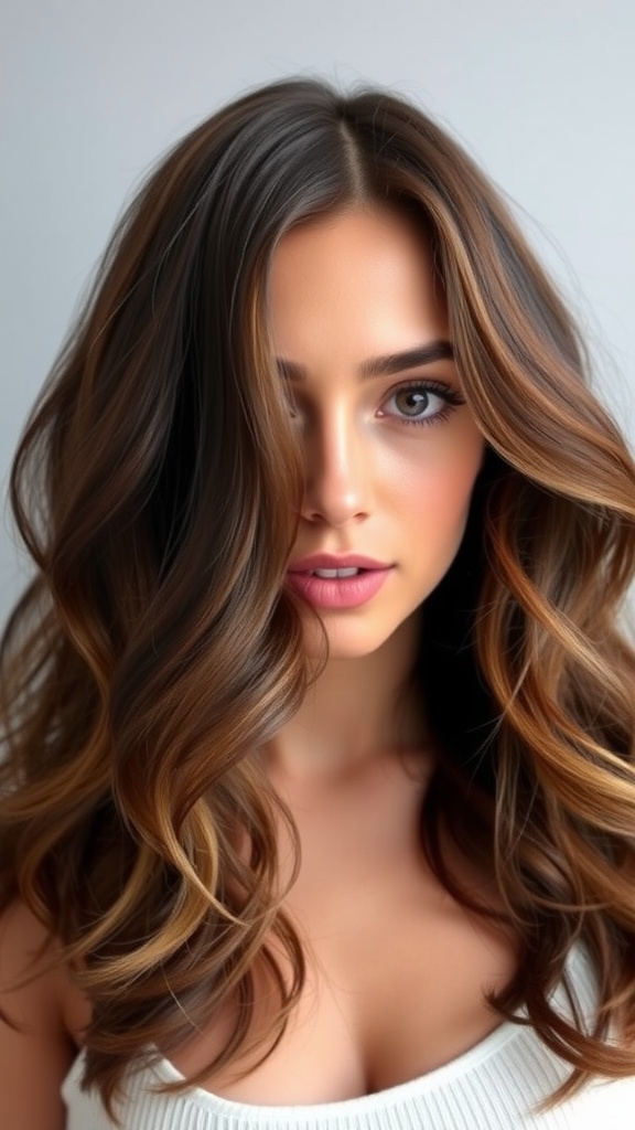 A woman with wavy shoulder-length hair in rich tones, framed beautifully around her face.