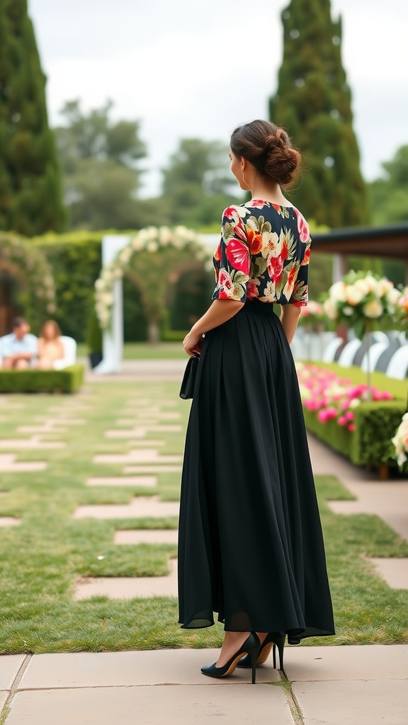 A woman wearing a flowery blouse and a black maxi skirt at a wedding venue, standing in a garden setting