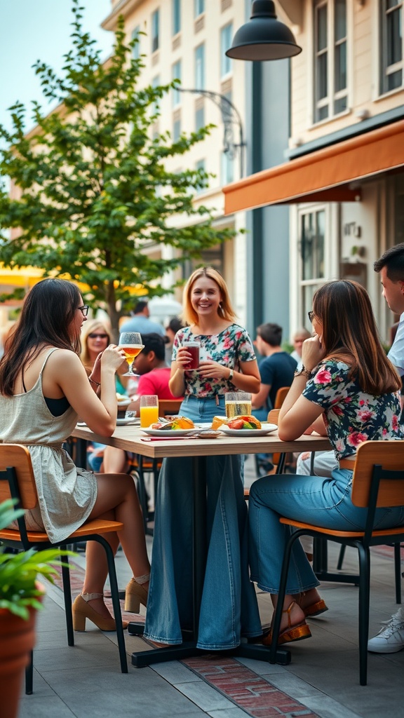 Group of friends enjoying brunch with drinks and food at a table, featuring one person wearing a flared denim skirt.
