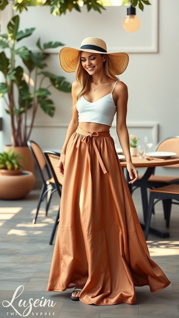 A woman wearing a stylish silk maxi skirt and a wide-brimmed hat, smiling in a café setting.