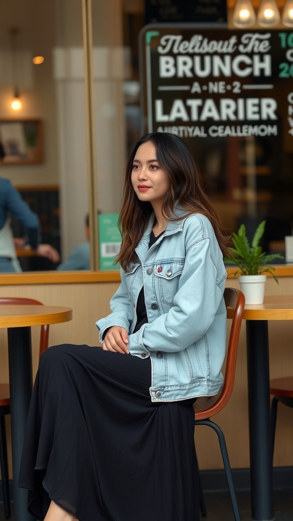 A person in a denim jacket and black maxi skirt seated at a brunch spot.