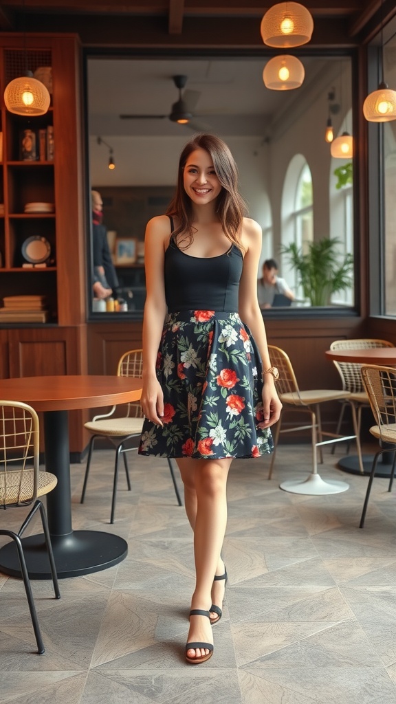 A woman in a black tank top and floral skater skirt smiling while walking in a cafe.