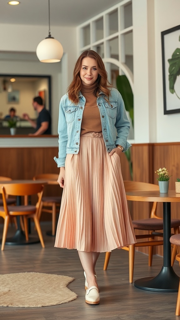 A woman wearing a denim jacket and a pleated midi skirt, standing in a cafe.