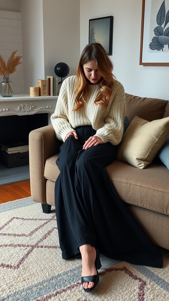 A woman sitting on a couch wearing a cozy knit sweater and a black maxi skirt.
