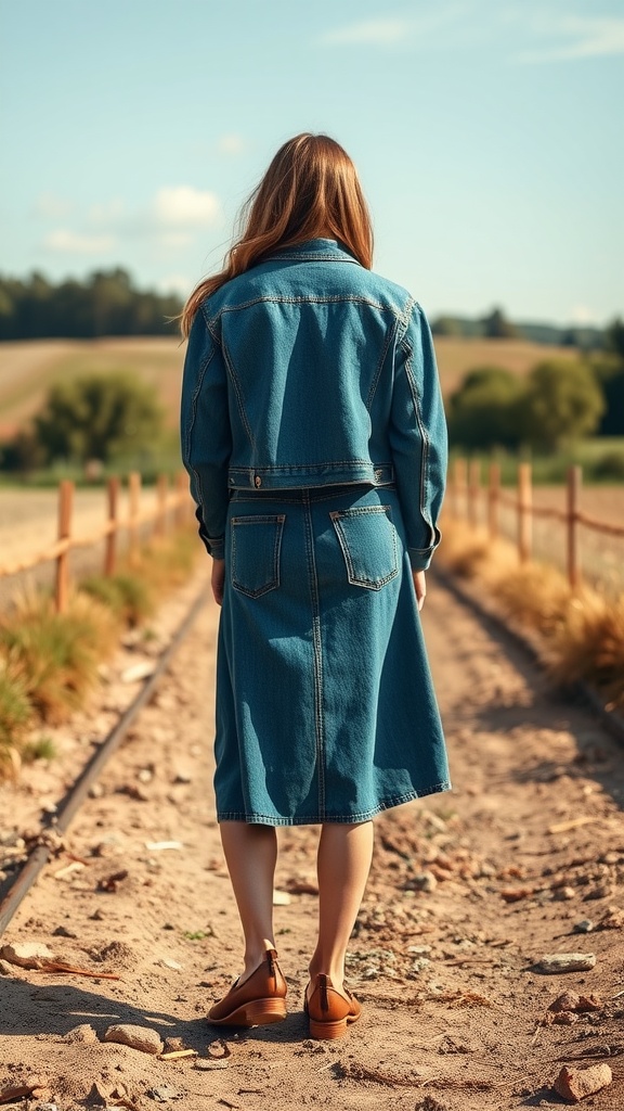 A woman wearing a denim skirt and denim jacket, standing on a sandy path surrounded by greenery.