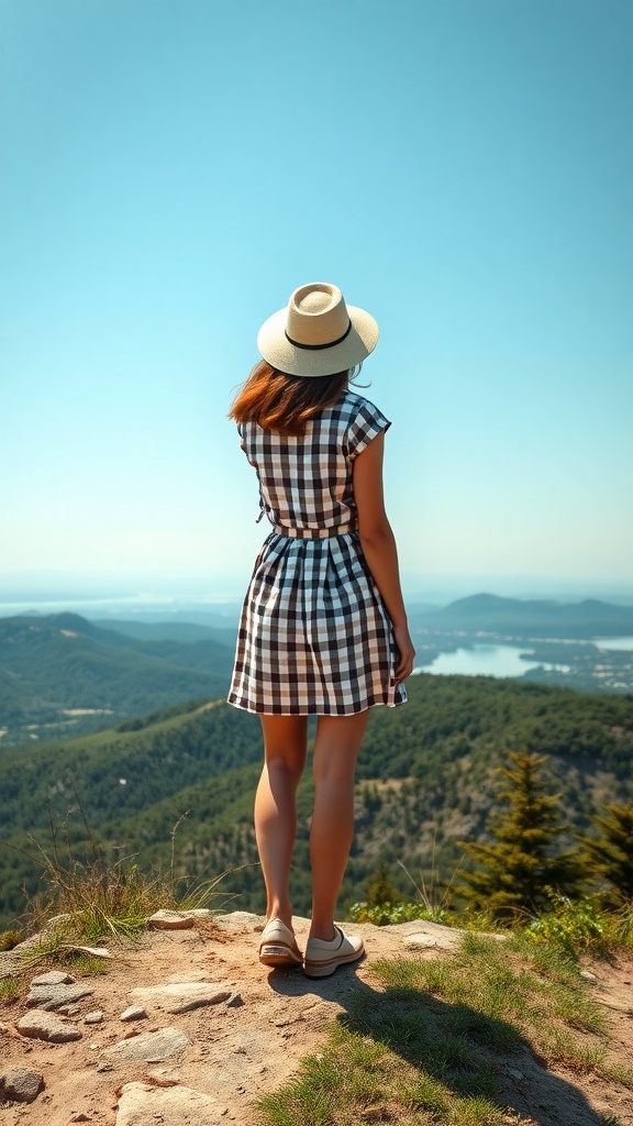 A woman wearing a gingham dress and straw hat, standing on a mountain overlooking a scenic view.