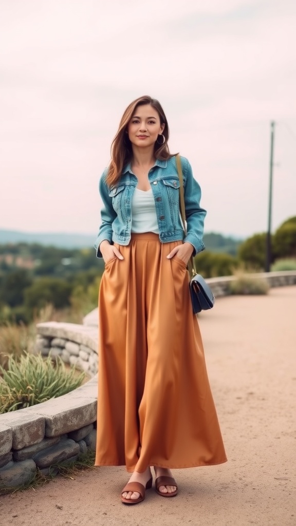 Woman in a silk maxi skirt and denim jacket, walking outdoors.