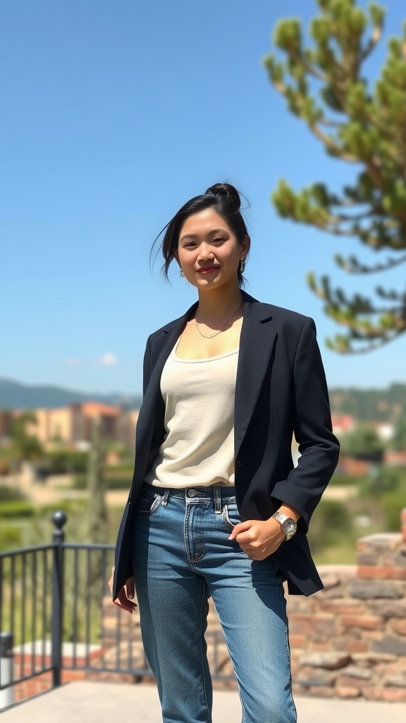 A person in a casual blazer and jeans stands outdoors with a scenic background.