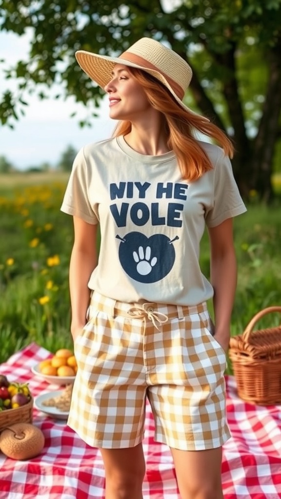 A woman in gingham shorts and a graphic tee standing in a sunny outdoor setting with a picnic setup.