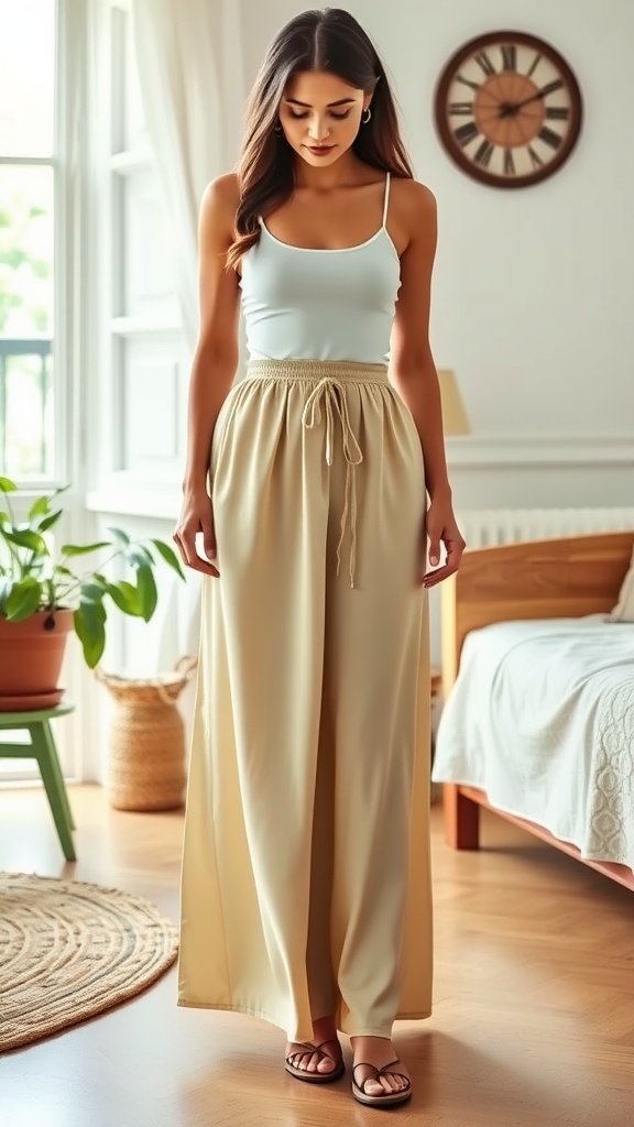 A woman wearing a basic tank top and a satin maxi skirt, standing in a bright room.