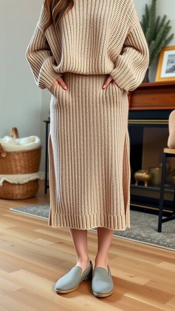 A woman wearing a knit midi skirt and oversized sweater, showcasing a relaxed weekend outfit.