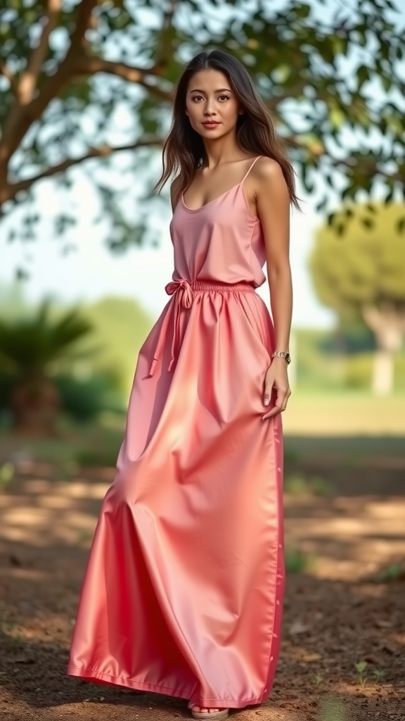 A woman in a satin maxi skirt and a simple tank top, posing in a natural outdoor setting.