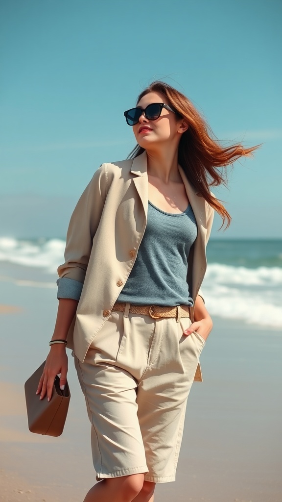 Woman in a casual blazer and shorts at the beach