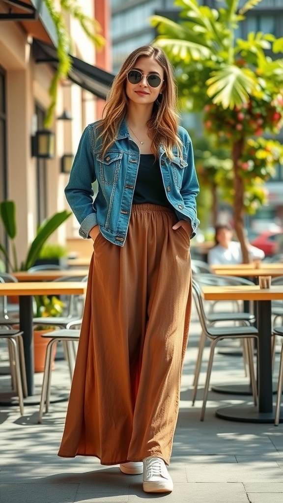 A woman wearing a brown maxi skirt with a denim jacket and sunglasses, walking in a sunny outdoor setting.