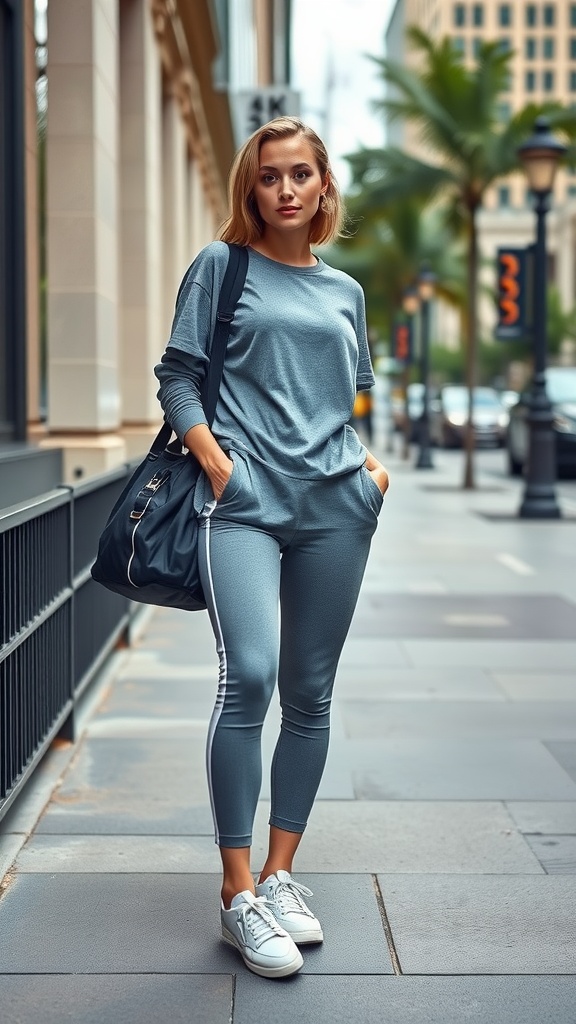 A person wearing a gray athleisure outfit with a tote bag, standing on a city street.