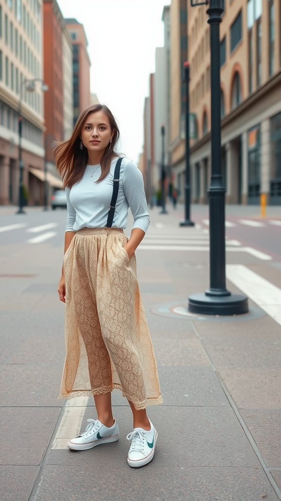 A woman wearing a lace maxi skirt with sneakers, standing in a city street