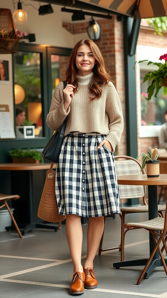A woman wearing a cropped sweater with a gingham skirt, smiling while standing in a cafe.