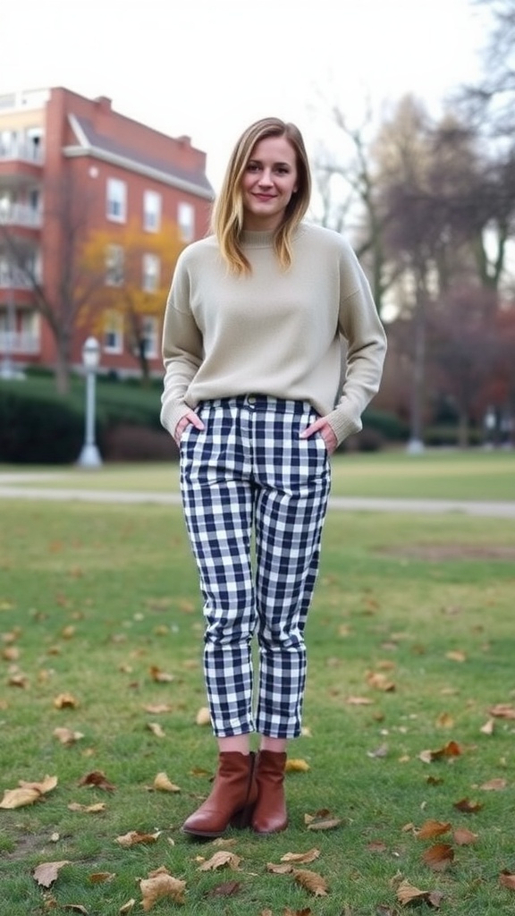 A woman wearing gingham trousers with a beige sweater and brown ankle boots, standing in a park.