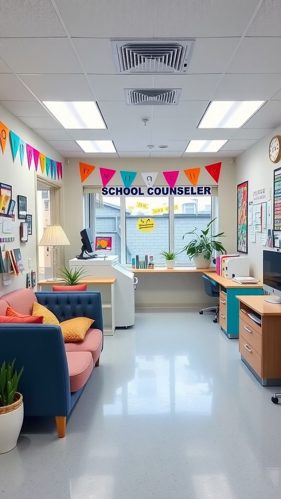 A welcoming school counselor's office with colorful decorations, cozy seating, and a bright atmosphere.
