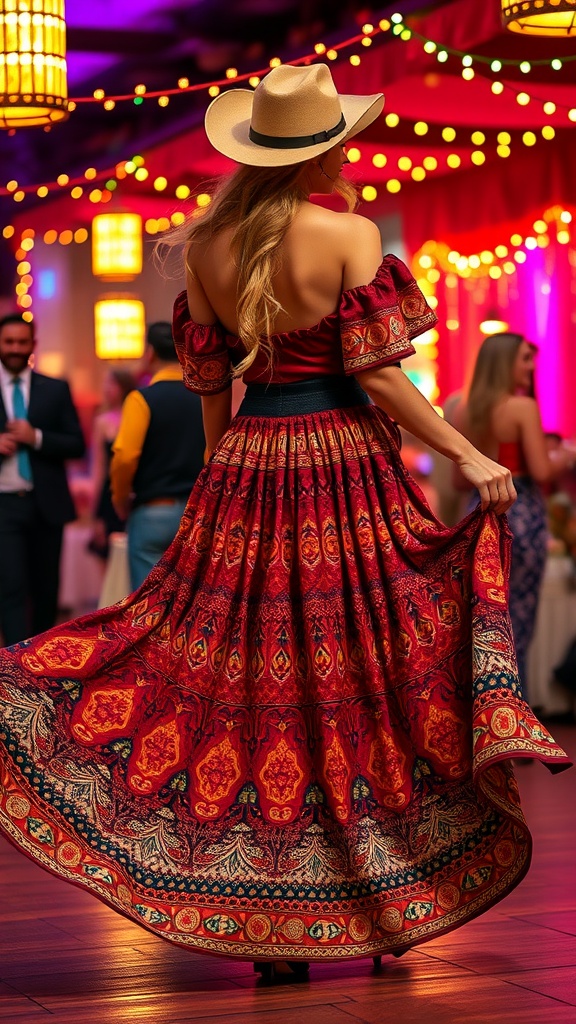 A woman in a vibrant red maxi skirt with intricate designs and a stylish hat at a party
