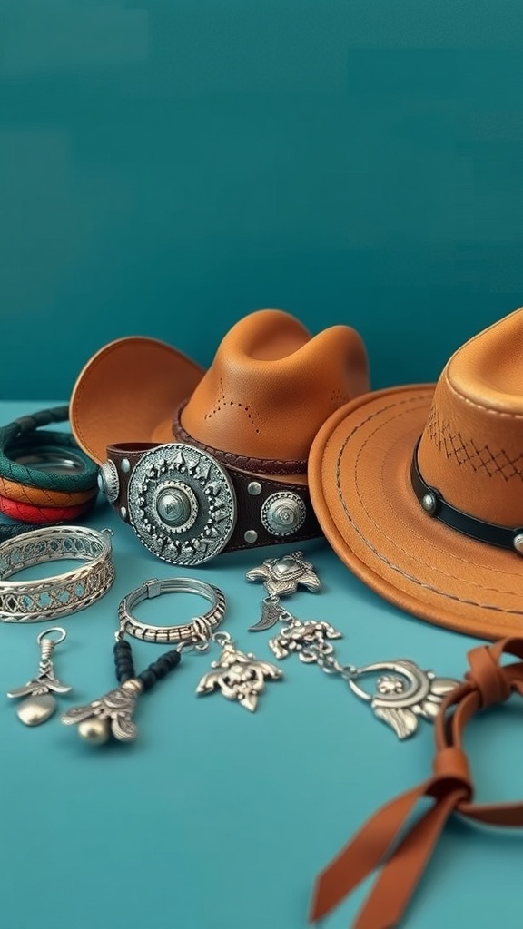 A collection of western accessories including cowboy hats, a belt, and various pieces of jewelry.