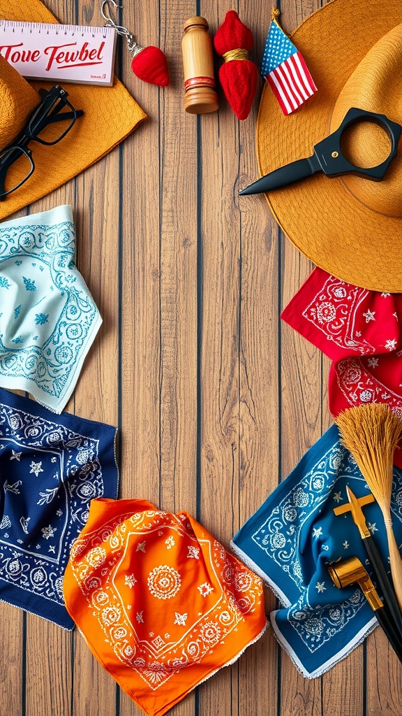 Colorful western print bandanas with cowboy accessories on a wooden table.