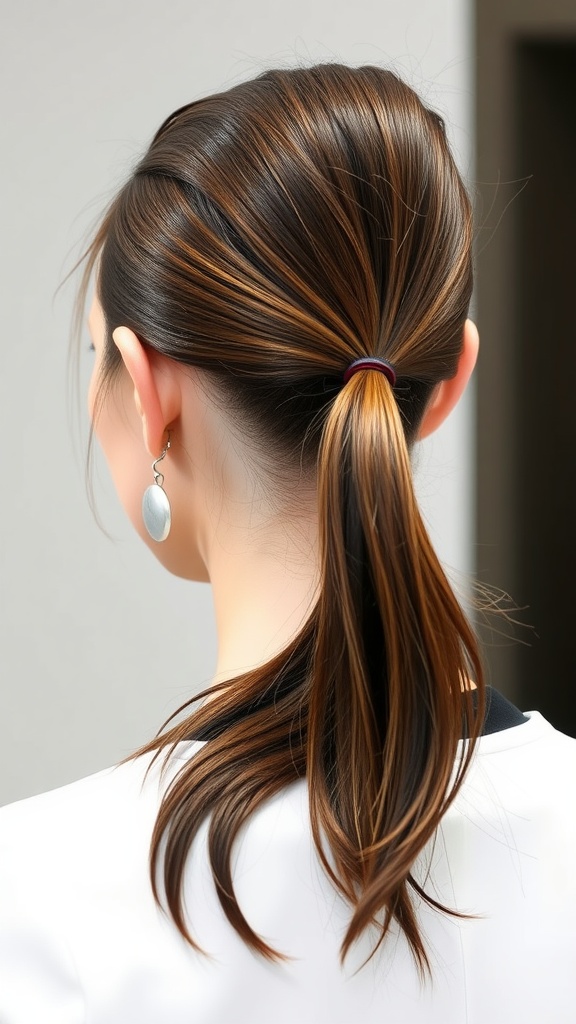 A sleek wet-look ponytail hairstyle with highlights