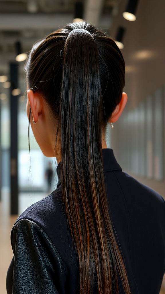 A woman with sleek, shiny hair styled in a wet look ponytail, showcasing a glossy finish.