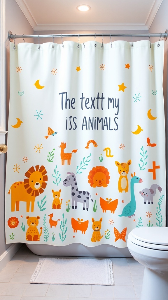 Shower curtain with whimsical animal illustrations including a lion, giraffe, deer, and more.