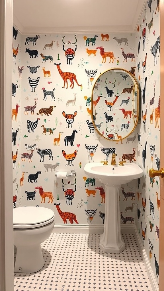 A guest bathroom with whimsical animal print wallpaper featuring various colorful animals, a pedestal sink, and a round mirror.