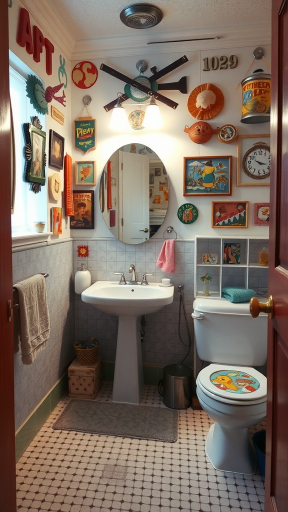 A colorful 70s-style bathroom with whimsical art and wall hangings.