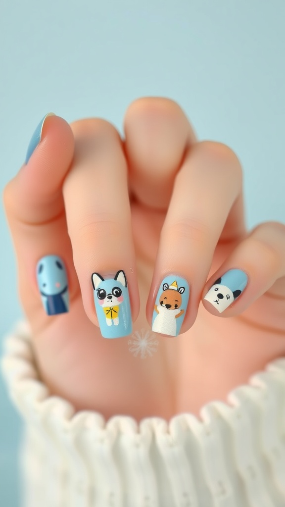 Light blue nails featuring whimsical cartoon characters including a cat, fox, and panda.