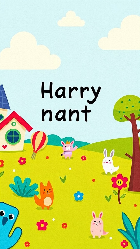 Colorful cartoon characters including animals and flowers on a bright background.