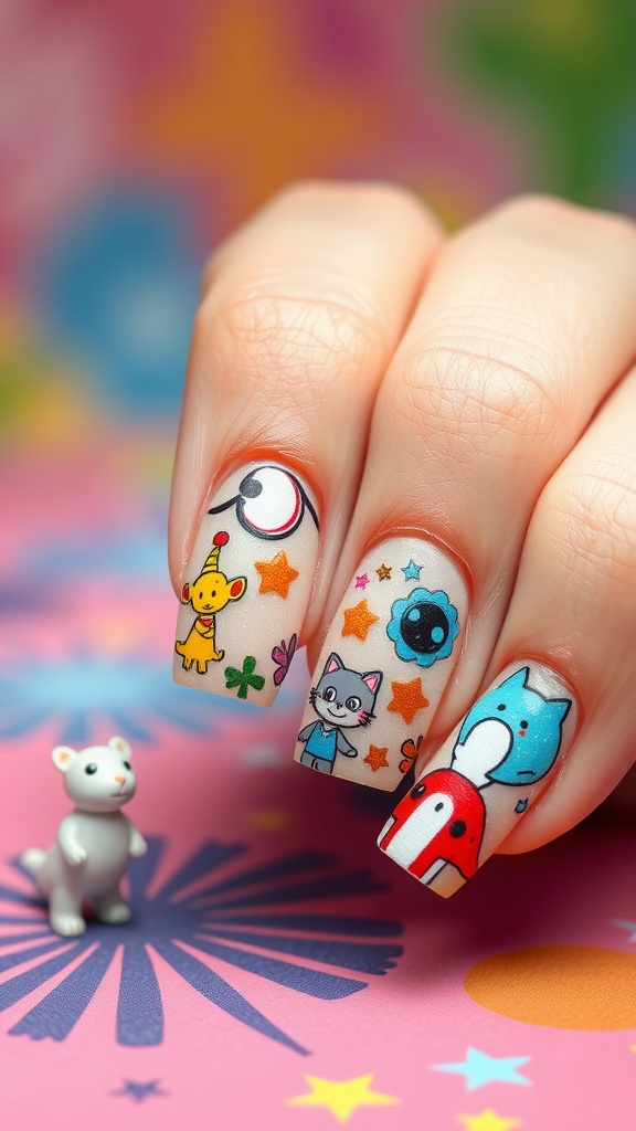 Nail art featuring cartoon characters like a cat and giraffe on colorful background.