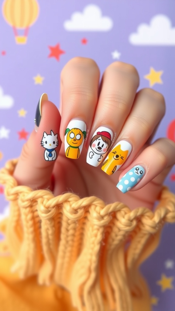 A hand showing cute short acrylic nails with whimsical cartoon characters painted on them.