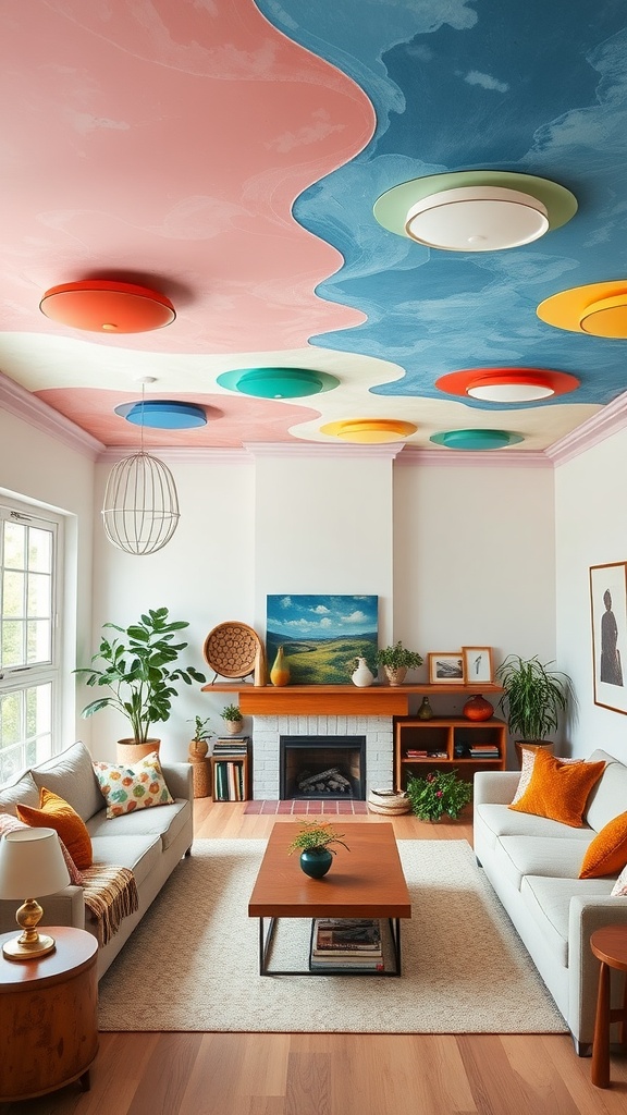 Colorful and playful ceiling design with circular light fixtures in a living room.