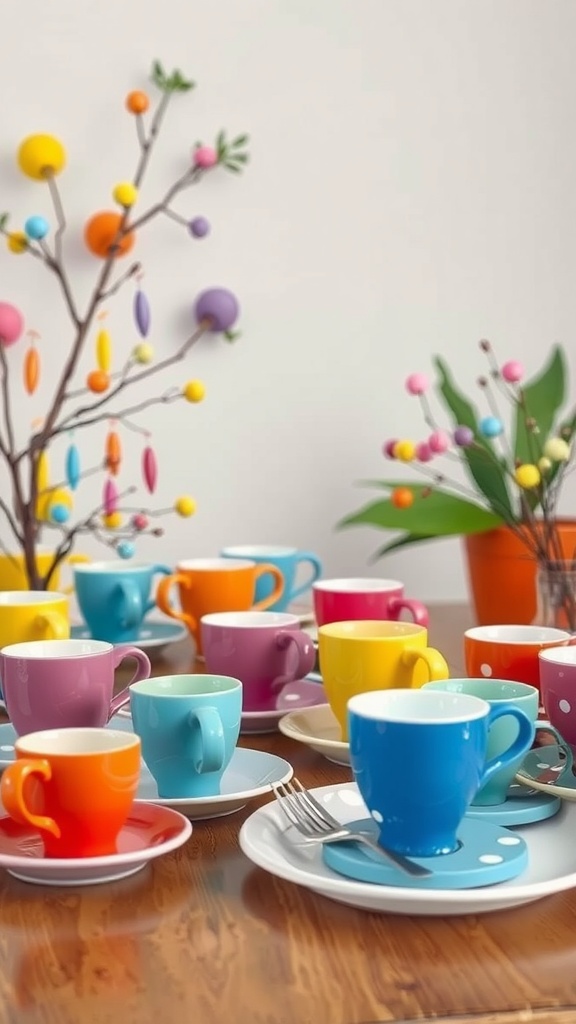 Colorful coffee cups and playful decor on a wooden table