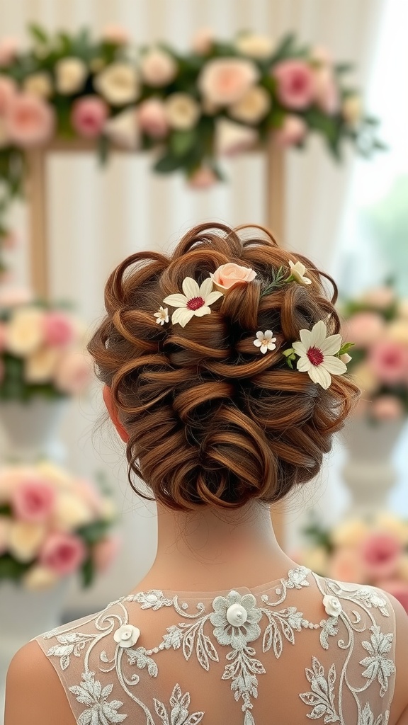 A whimsical curly updo hairstyle adorned with flowers, showcasing the back of a bridal dress.