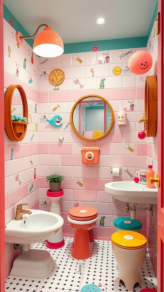 A whimsical bathroom featuring playful pink tiles, colorful accessories, and cheerful decor.