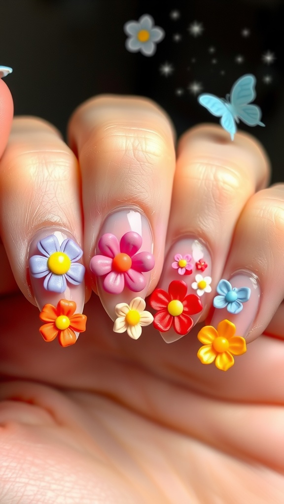 Almond nails decorated with colorful 3D flowers
